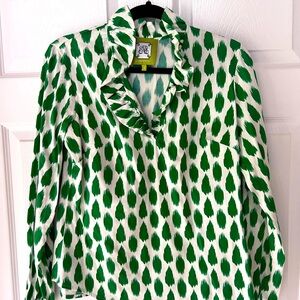 Elizabeth McKay blouse, Kelly green and white, ruffle neck